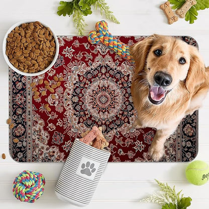 Vintage Carpet Boho Pet Feeding Mat,Absorbent Quick-Dry Cat Dog Food and Water Bowl Mats,Non-Slip Rubber Backing Mat,Cat Dog Accessories Supplies 16"x24"