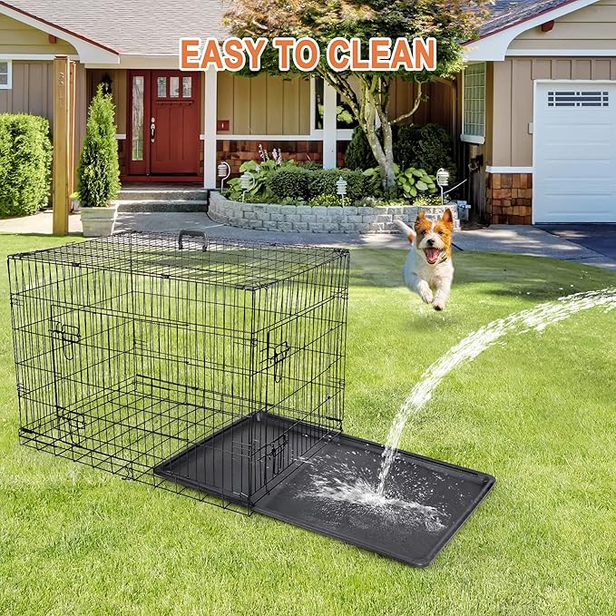 30/36/42 Inches Double Door Dog Crate Folding Metal Wire Dog Kennel Cage with Tray for Small/Medium/Large Dogs Indoor Outdoor Travel Use