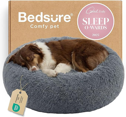 Bedsure Calming Dog Bed for Large Dogs - Donut Washable Large Pet Bed, 36 inches Anti-Slip Round Fluffy Plush Faux Fur Dog Bed, Fits up to 80 lbs Pets, Dark Grey