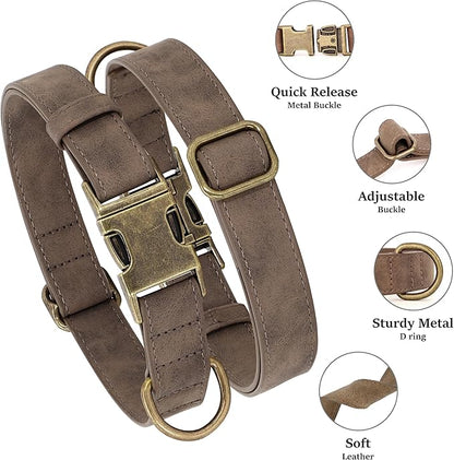 Didog Soft PU Leather Dog Collar, Stylish Quick Released Dog Collar for Large Dogs, Easy Clean Adjustable Pet Collar for Daily Walking, Brown, L Fit 16-22" Neck
