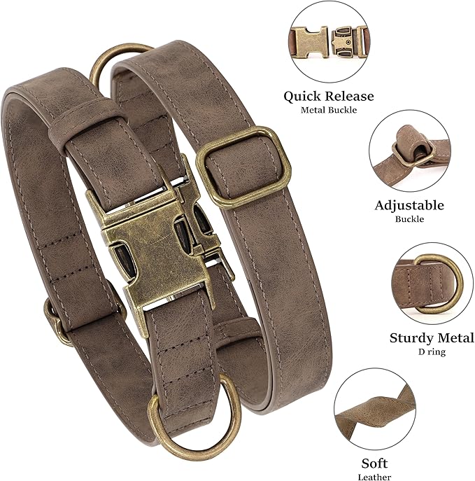 Didog Soft PU Leather Dog Collar, Stylish Quick Released Dog Collars for Medium Dogs, Easy Clean Adjustable Pet Collar for Daily Walking, Brown, M Fit 14-18" Neck