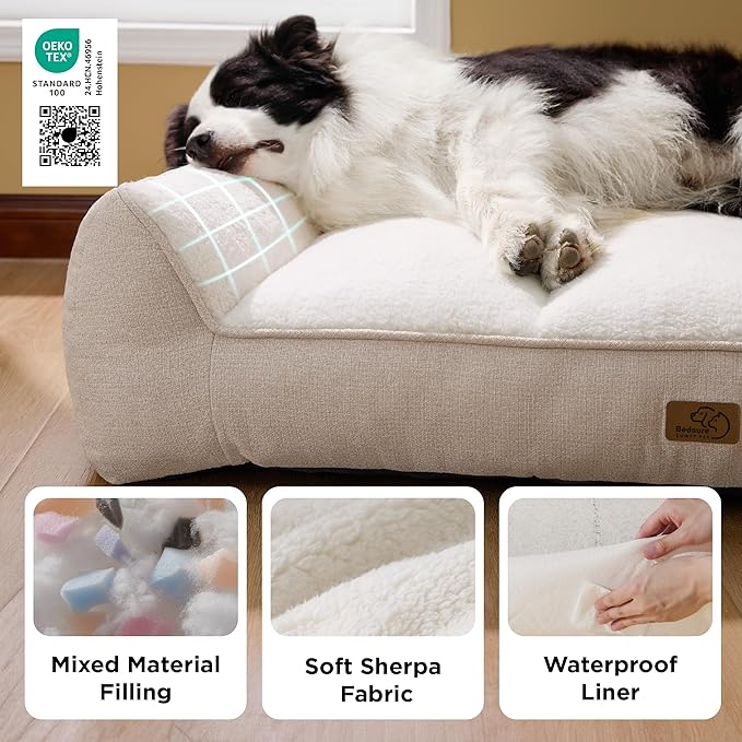 Bedsure SupportMax™ Orthopedic Dog Beds Large Sized Dog - As Seen on TV Extra Thick Supportive Large Dogs Bed with Waterproof Washable Cover, L Plus Comfort Pet Sofa with Soft Sherpa, Beige, 38"