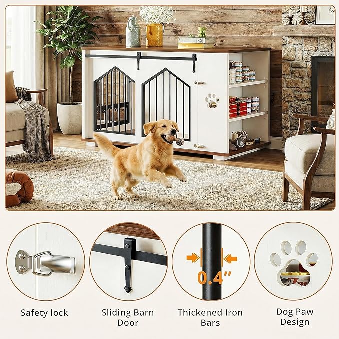 IRONCK Large Dog Crate Furniture with 2 Rotatable Dog Bowls, Wooden Dog Kennel with 2 Adjustable Shelves, Barn Doors Decorative Pet Cage Dog House as TV Stand, White