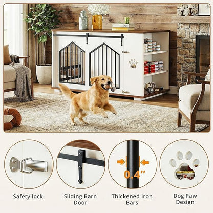 IRONCK Large Dog Crate Furniture with 2 Rotatable Dog Bowls, Wooden Dog Kennel with 2 Adjustable Shelves, Barn Doors Decorative Pet Cage Dog House as TV Stand, White