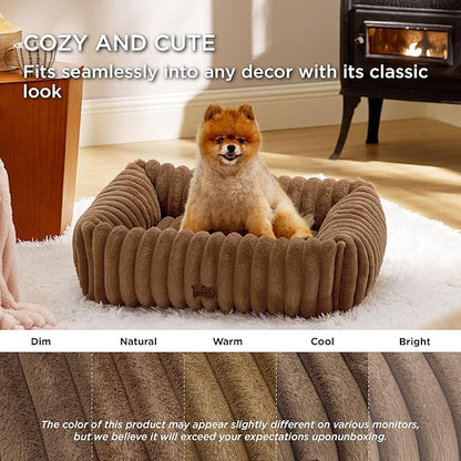 Bedsure ComfyFleece™ Washable Dog Bed for Medium Dogs - Cute Furry Puppy Beds, Rectangle Orthopedic Corduroy Fleece Pet Beds with Removable Zipper Cover, 30x24x8inches, Camel Brown