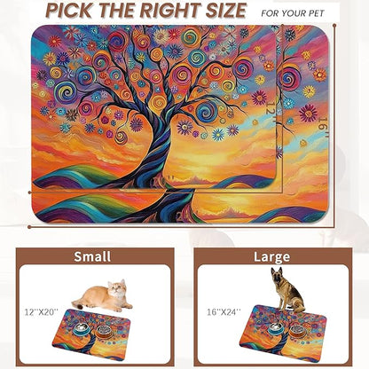 Abstract Tree Flowers Dog Food Mat for Floors,Color Absorbent Pet Food and Water Bowl Mats,Non-Slip Pet Feeding Mat,Pet Supplies 16" x 24"