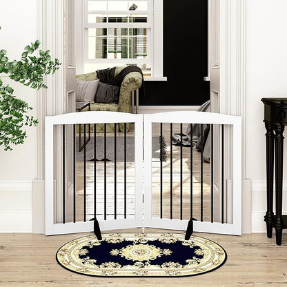 PUPETPO Freestanding Pet Gate for Dogs, Foldable Wooden Dog Gate for House, Indoor Pet Barrier for Stairs, Doorways, Support Feet Included, 24" Height 2 Panels, White