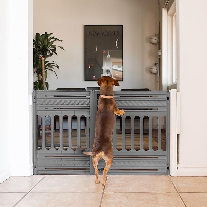 IRIS USA 25"-39" Dog Gate, Adjustable Indoor Pet Barrier, Pet Gate for Puppy, Small Dog, Cat, Easy Twist-to-Lock for Doorways & Stairs, Portable, Expandable, 25" Tall, Gray