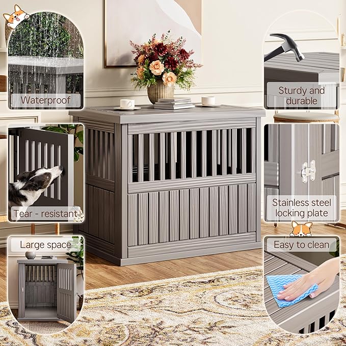 Fancyango 40-Inch Heavy Duty Dog Crate Furniture Lockable Indoor Outdoor Kennel & End Table for Small/Large Dogs Decorative Plastic Pet Cage in Grey