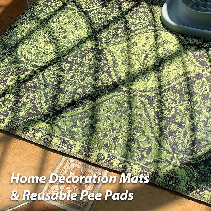nunubaby 4PACK Washable Pee Pads for Dogs, Stylish, Non-Slip and Leak-Proof Pee Pads. Reusable Potty Pads for Dogs for Crates and Floors.(Green/Multi, 24" x48" )