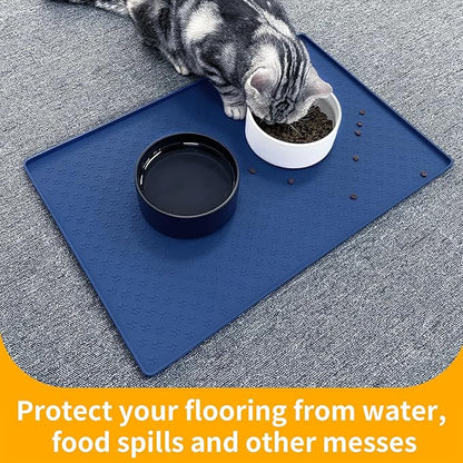 Ptlom Silicone Pet Placemat for Dog and Cat, Waterproof Non-Slip Pet Feeding Bowl Mats for Food and Water, Small Medium Large Tray Mat Prevent Residues from Spilling to Floor, Navy Blue, 18" 12"