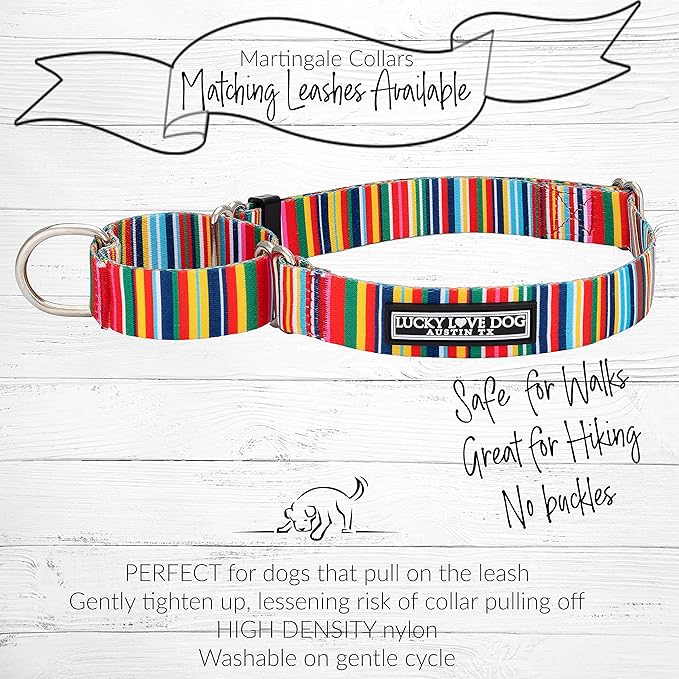 Lucky Love Dog Martingale Dog Collar - Adjustable, No-Slip, Durable, & Soft Webbing Collar for Male and Female Dogs Ideal for Training & Walking - Hippie, Large