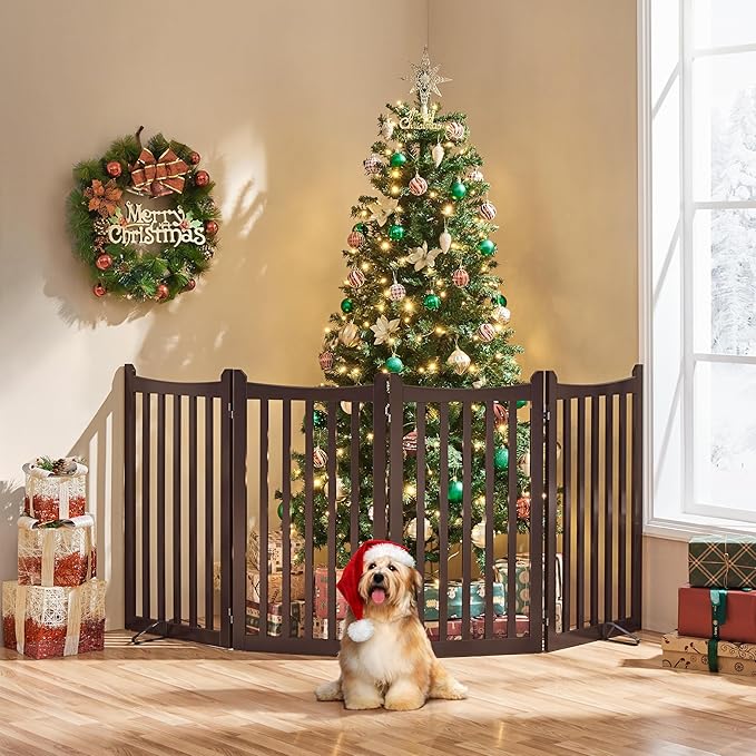 Yaheetech 36" H Extra Tall Freestanding Pet Gate 4-Panel Wooden Dog Fence with 2 Support Feet Folding Dog Gate for Indoor, Stairs, Doorway, Halls, Kitchen Wooden Pet Barrier Espresso, 79.5" L x 36" H