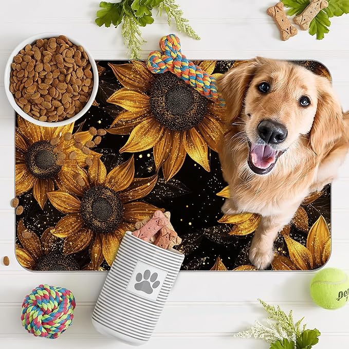 Sunflower Vintage Pet Feeding Mat,Absorbent Quick-Dry Cat Dog Food and Water Bowl Mats, Non-Slip Rubber Backing Mat,Cat Dog Accessories Supplies 16"x24"