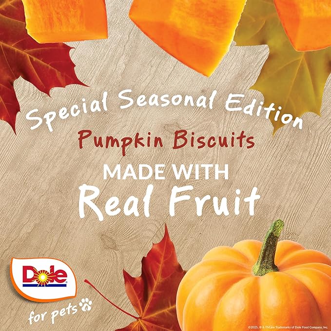 Dole for Pets Dog Biscuits Pup-kin Spice Pumpkin Fall Flavor, Real Vegetable Flavor Vegan Crunchy Treats, No Wheat Corn Soy or Artificial Additives, Bite Size Training Snacks for Dogs, 7 Oz
