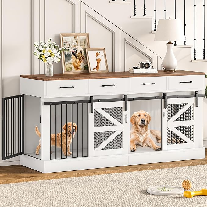 OtterOasis Extra Large Dog Crate Furniture for 2 Dogs, 71'' Dog Kennel Indoor with Removable Divider and 4 Storage Drawers, Sturdy Wooden Dog Crate TV Stand with 4 Doors for Large Medium Small Dogs