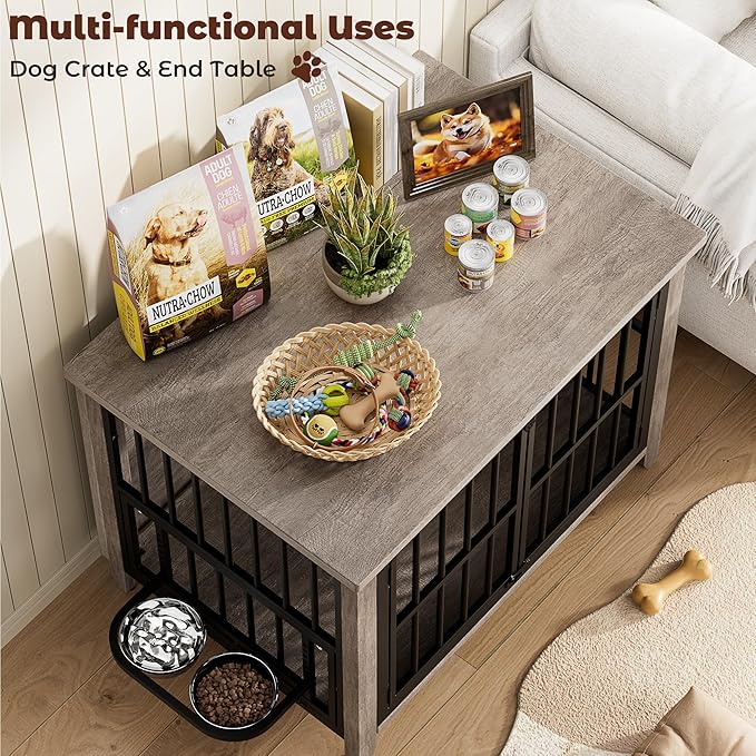 Lulive Dog Crate Furniture, Wooden Dog Kennel Indoor with Adjustable 360°& Height Dog Bowls, Double Doors Furniture Dog Crates End Table for Small/Medium 31.5" L*22.5" W*25.6" H, Grey