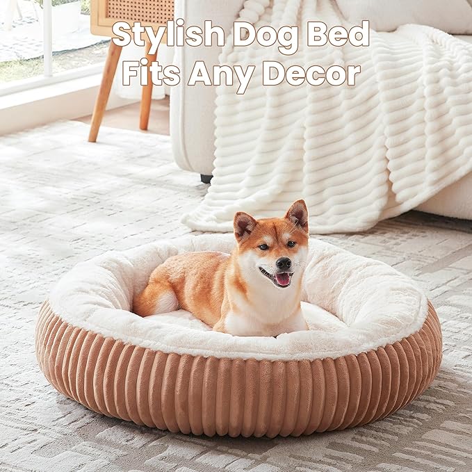 33 inches Donut Dog Bed for Medium Large Dogs,Calming Round Pet Bed with Removable Cover,Washable Milk Plush Faux Fur, Fits up to 50 lbs Pets(Mocha,M Plus)