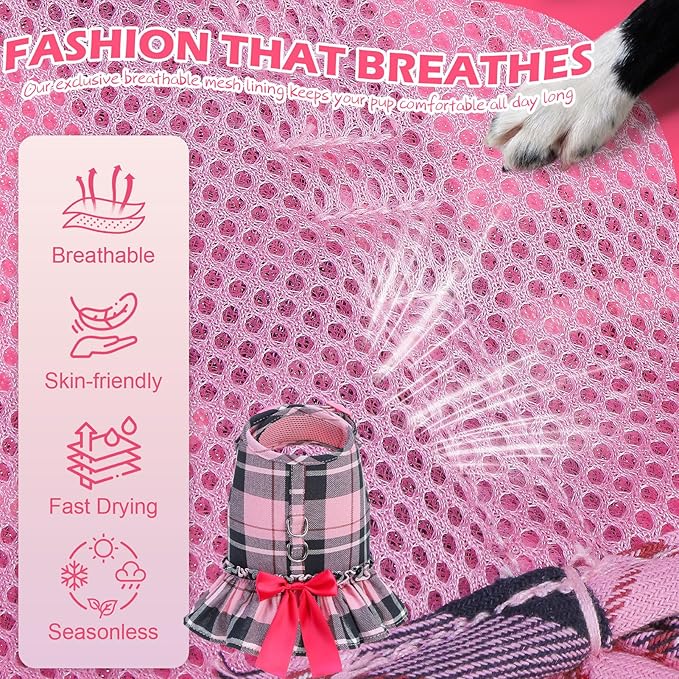 EXPAWLORER Dog Harness Small Medium Sized Dogs, Plaid Dog Dress Bowknot Harness and Leash Set, No Choke No Pull Soft Mesh Vest Cute Princess Puppy Outfits Clothes Costume for Girls Party Cats Pink S