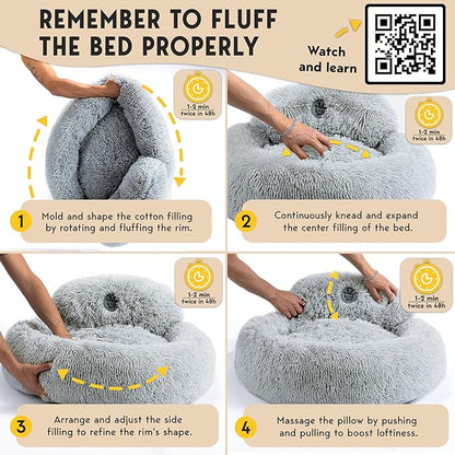 PetJett Dog Beds Large Sized Dog - 36'' Calming Round Bed, Anti-Slip & Washable Super Soft Donut Bed, Fluffy Faux Fur Anti-Anxiety Premium Comfort Pet Bed, Fits Dogs up to 80 lbs - Bright Grey
