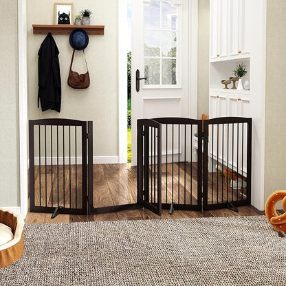 PUPETPO Freestanding Dog Gates with Door Walk Through, 80 inch Wide Gates Indoor, Dog Fences Indoor, Support Feet Included, 4 Panels, 32" Tall, Dark Brown