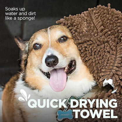 Soggy Doggy Super Shammy Dog Towel – Absorbent Microfiber Chenille Pet Towel for Drying Wet Dogs, Paws, Quick Dry Dog Shammy with Hand Pockets, Machine Washable – Chocolate/Oatmeal Trim, 31” x 14”