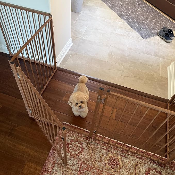 No Pawblems Free Standing Dog Gate with Door, 30'' Tall Foldable Dog Fence for Indoor & Outdoor, Up to 78 Inch Extra Wide Puppy Gate for Stairs, Hallways, Doorways, Deck, Yard (Wood Pattern, 3 Panels)