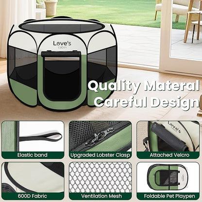 Love's cabin Pet Puppy Dog Playpen, Medium Dog Tent Crates Cage Indoor/Outdoor, Portable Playpen for Cat, Foldable Pop Up Dog Kennel Playpen with Carring Case, Removable Zipper Top, Olive Green