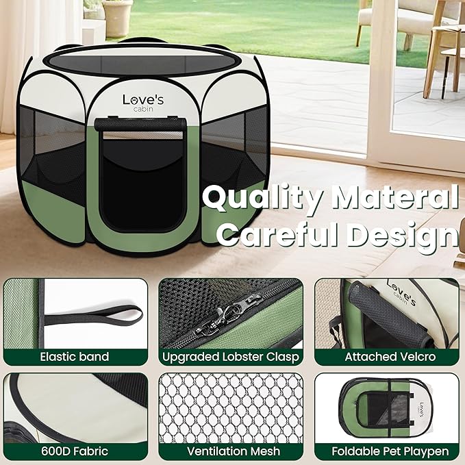 Love's cabin Pet Puppy Dog Playpen, Large Dog Tent Crates Cage Indoor/Outdoor, Portable Playpen for Cat, Foldable Pop Up Dog Kennel Playpen with Carring Case, Removable Zipper Top, Olive Green