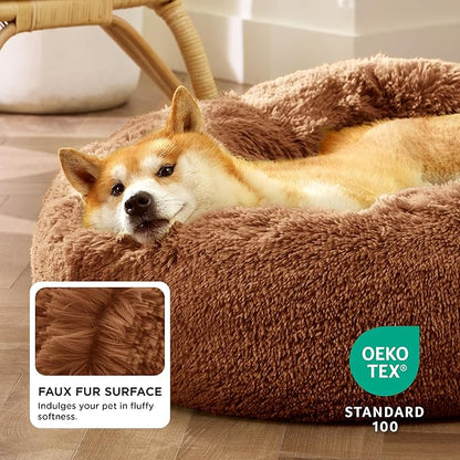 Bedsure Calming Dog Bed for Medium Dogs - Donut Washable Medium Pet Bed, 30 inches Anti-Slip Round Fluffy Plush Faux Fur Cat Bed, Fits up to 45 lbs Pets, Copper