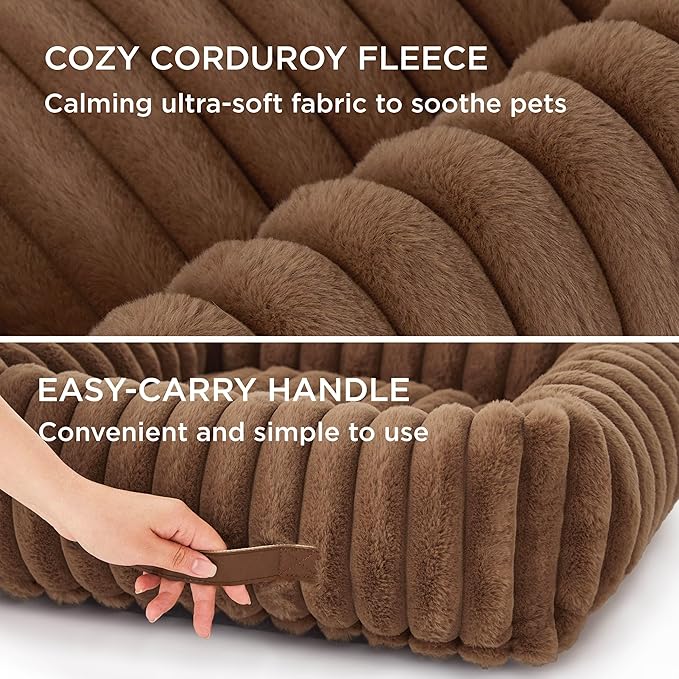 Bedsure ComfyFleece™ Cute Dog Bed for Small Medium Dogs - Washable Furry Puppy Beds, Rectangle Orthopedic Corduroy Fleece Pet Beds with Removable Zipper Cover, 25x21x7inches, Camel Brown