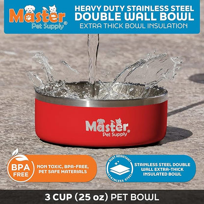 Master Pet Supply Stainless Steel Dog Bowls - 25 oz, Heavy Duty - Crimson Flame, Double Wall Extra-Thick Insulated, Non-Slip Pet Water Bowl for Dogs, Cats & Pets, Anti Rust Metal, Dish Washer Safe