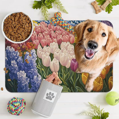 Tulip Lavender Pet Feeding Mat,Vintage Flower Fields Absorbent Quick-Dry Cat Dog Food and Water Bowl Mats,Non-Slip Rubber Backing Mat,Cat Dog Accessories Supplies 12"x20"