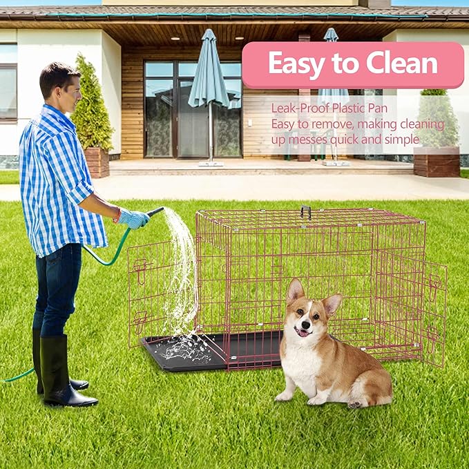 Dog Crate, 24/30/36/42/48 Inch Dog Crates for Small Medium Large Dogs Indoor, Folding Metal Dog Kennel Dog Cage with Double-Door, Divider Panel, Removable Tray, Locks and Handle, (36 Inch, Pink)