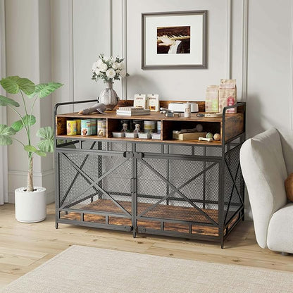 Fulhope Dog Crate Furniture, 48" Heavy Duty Wooden Dog Crate End Table, XL Dog Kennel Furniture Large Breed, Decorative Dog Kenne Indoor with 3 Drawers & Steel Tubes 48" L x28 W x36 H (Rustic Brown)