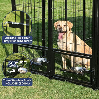 Large Outdoor Dog Kennel with Roof, 7.9×7.9×6.6FT Heavy-Duty Dog Cage with 3 Swivel Feeding Bowls, Double Doors, Anti-Rust Metal Dog Run for All-Weather Protection