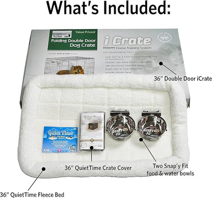 MidWest Homes for Pets Intermediate Double Door iCrate Starter Kit, 36-inch Dog Crate Bundle for Medium to Large Breeds, Includes Cage, Pet Bed, 2 Bowls and Privacy Cover