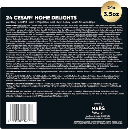 Cesar Home Delights Adult Wet Dog Food, Pot Roast with Spring Vegetables, Beef Stew, Turkey, Green Beans, & Potatoes, and Hearty Chicken & Noodle Dinner in Sauce Variety Pack, 3.5 oz. 24 Count