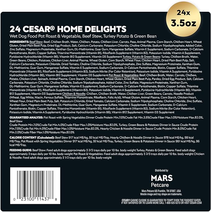Cesar Home Delights Adult Wet Dog Food,Pot Roast with Spring Vegetables,Beef Stew,Turkey,Green Beans,& Potatoes,and Hearty Chicken & Noodle Dinner in Sauce Variety Pack,3.5 oz.,24 Count (Pack of 2)