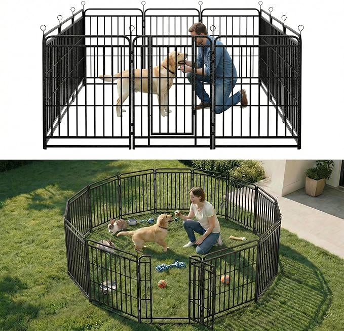 Dog Playpen Outdoor 12 Panels 47'' Rustproof Metal Dog Fence with Gate Small Medium Portable Large Dog Play Pen 27FT 106 Sq.ft for RV Camping, Trips, Play Yard