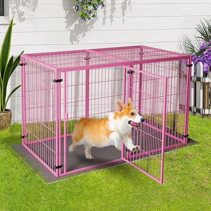XPIY Large Dog Crate – 57 Inch Metal Kennel for Medium and Small Dogs, Safe Indoor & Outdoor XL Big Puppy Bottomless Cage with Comfort Mat, Pet Playpen Yard, Dog Fence Playpen (Pink)