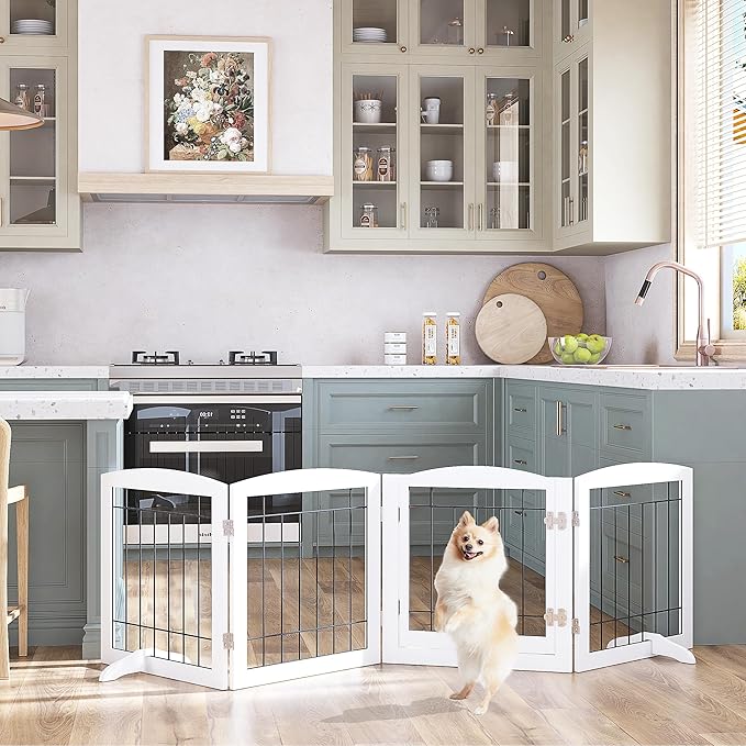 PAWLAND Freestanding Dog gate with Walk Through Door, Dog Gates for Doorways, The House, Stairs, 80" Wide Pet Puppy Safety Fence with Support Feet, 4 Panels, White