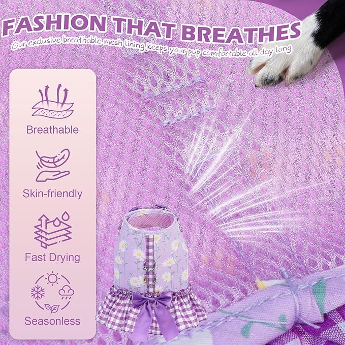 EXPAWLORER Dog Harness Small Medium Sized Dogs, Daisy Dog Dress Bowknot Harness and Leash Set, No Choke No Pull Soft Mesh Vest Cute Princess Puppy Outfits Clothes Costume for Girls Party Cats Purple S