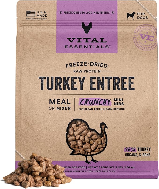 Vital Essentials Freeze Dried Dog Food, Raw Turkey Crunchy Mini Nibs | Complete Meal or Mixer | High Protein, Low Carb, Grain Free, Dry Dog Food | 3 lb Big Bag