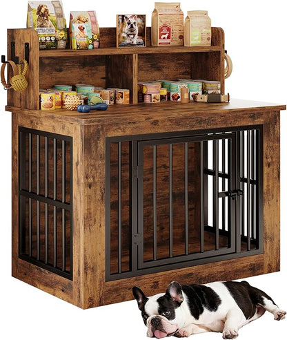 IRONCK Dog Crate Furniture, 33.4 inches Wooden Small Dog Crate with Storage and 4 Hooks, Heavy Duty Pet Crate for Small Dog, Decorative Pet Cage for Indoor (19.3" L x 33.4" W x 37.4" H)