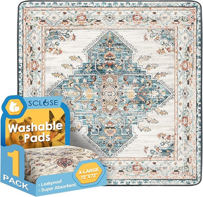 SCLOSE Washable Pee Pad for Dogs Extra Large, 72" x 72" Reusable Puppy Pads Waterproof Dog Rugs, Super Absorbent, Leakproof, Dog Crate Pad, Playpen Mat, Whelping Pads, Blue Medallion