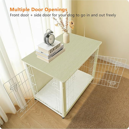 DWANTON Dog Crate Furniture with Cushion, Wooden Kennel Table with Double Doors, Indoor Dog House, Medium Size, 32.5" L, White Oak