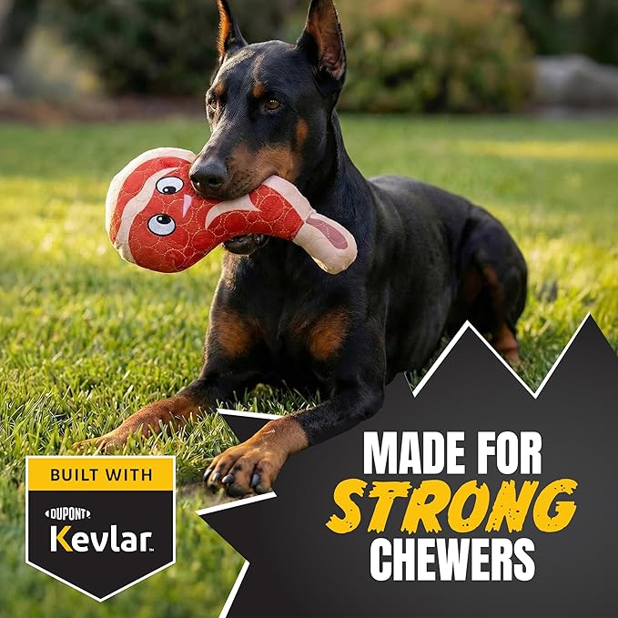 Bite Force - Durable & Strong Dog Toy Ribby with Squeaker, Kevlar-Reinforced Seams for Aggressive chewers- Red.