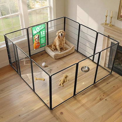 FXW AuraSpace Pro Acrylic & Wire Mesh Indoor Dog Playpen, 40" Height 12 Panels Metal Dog Pen for Medium and Large Dogs, Black│Patented
