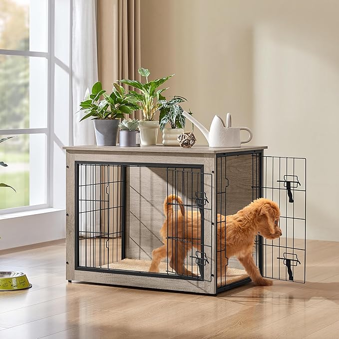 Yaheetech 32'' Dog Crate Furniture, Side End Table w/Cushion, Double Doors, Adjustable Feet, Wooden Kennel Cage for Small/Medium Dogs, Indoor Outdoor